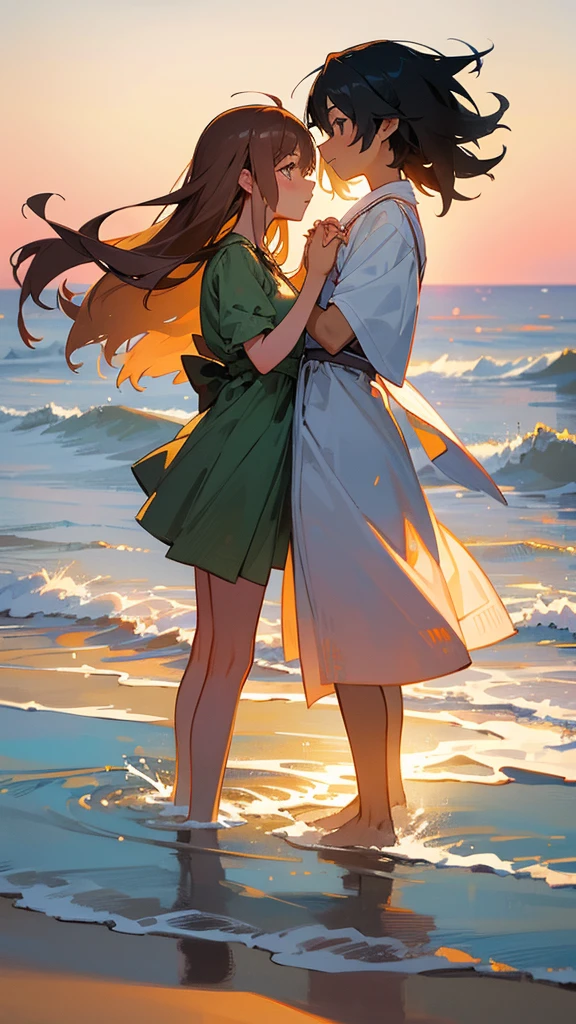Create an illustration of a couple holding hands. The couple should be standing side by side, their fingers intertwined in a gentle and affectionate manner. The setting is a serene, picturesque location, such as a beach at sunset or a blooming garden. The mood should be romantic and peaceful, capturing the warmth and love between the two individuals. Pay attention to the small details, like the expressions on their faces and the natural surroundings, to convey a deep connection and intimacy
