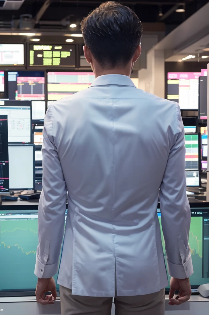 Forex Trader　５０generation　male　Diagonal rear view　Illustrated