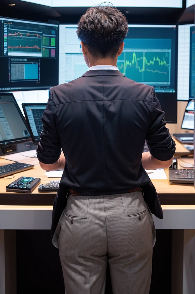 Forex Trader 50generation male Diagonal rear view Illustrated