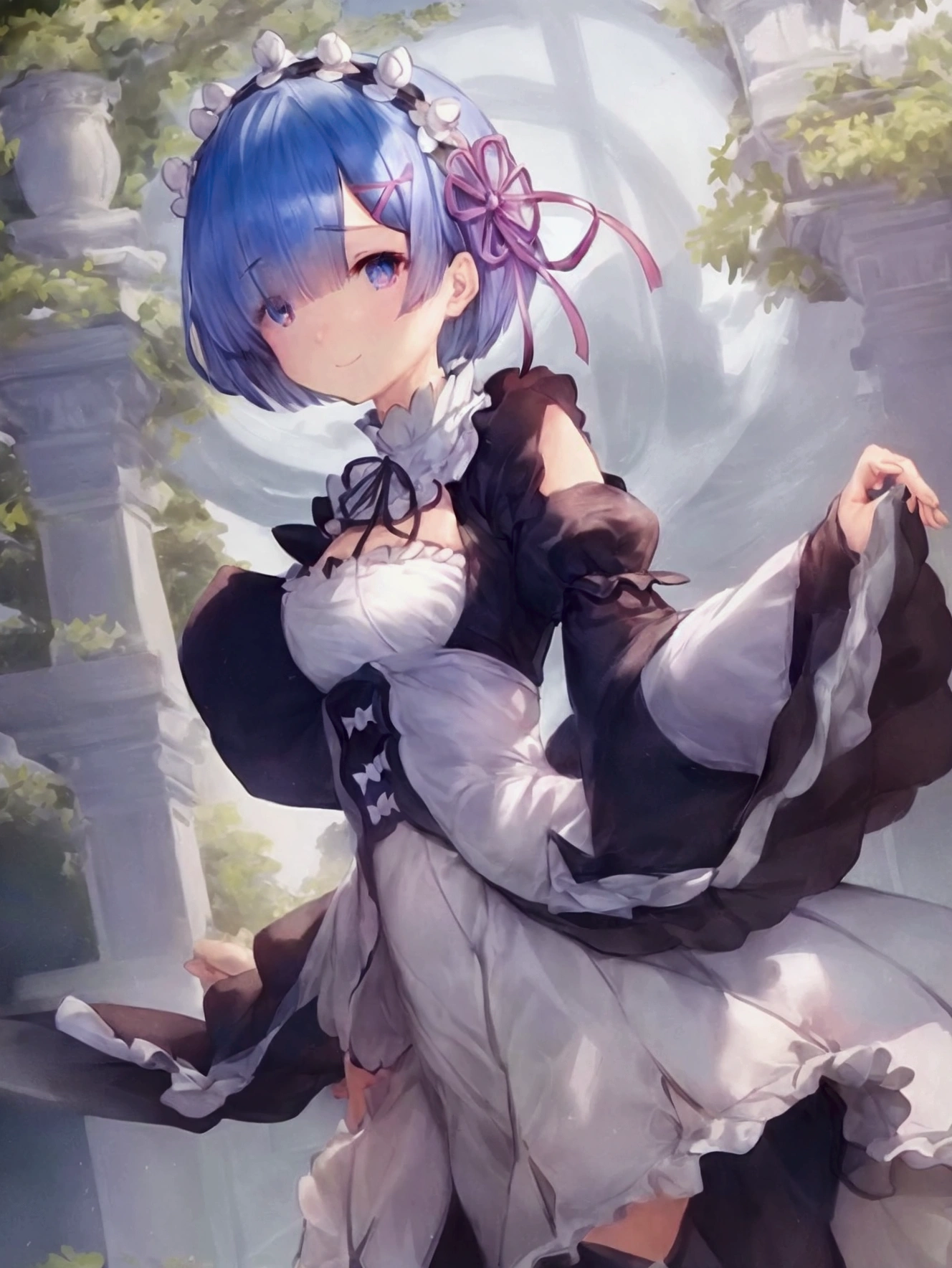 masterpiece, Top quality, High Resolution, HM2B, Blue eyes, Rem, blue short hair, Occasional hair ornaments, Clothes clippings, Long sleeves, Puff sleeves, Juliet sleeves, Feather ornaments, Black thighs, Black gloves, Black dress, Black skirt, Outdoors, Grass, Building, Ruins, Field, Back, Showing ass, Black panties, Cowboy shot,