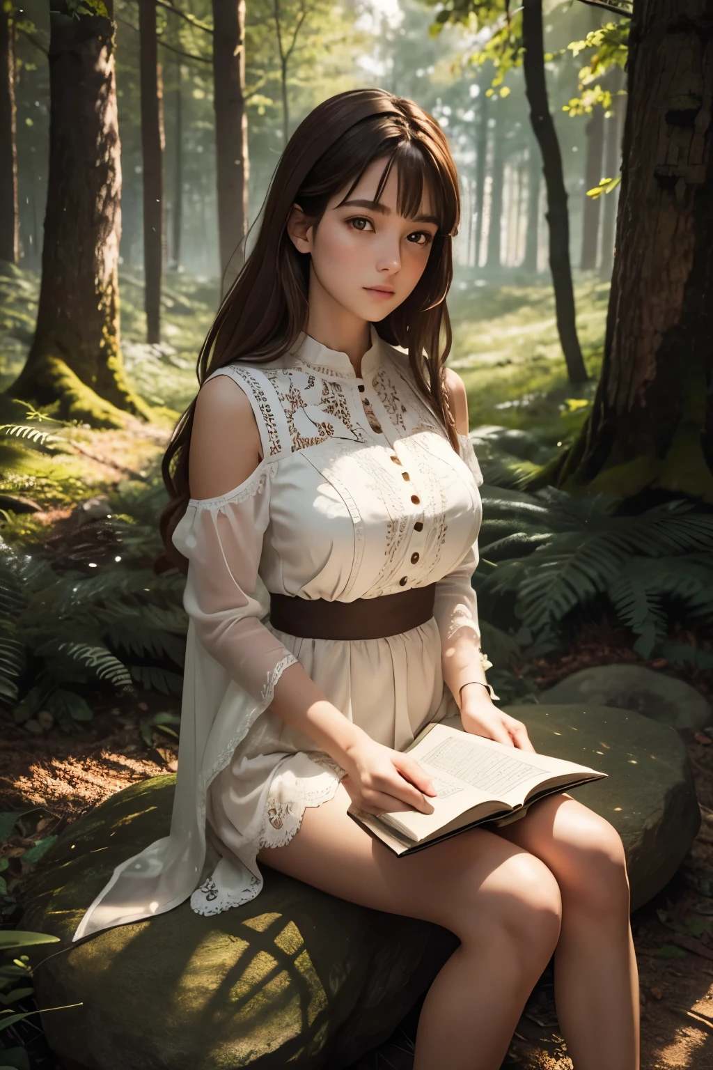 Perfect lens,Intricate details,Soft Light,Detailed forest background,Real forest,Real animals,Empty meadows,Fiery sun,White mini skirt with delicate lace trim,Perfect face,Real face,Blush,Beauty,Brown hair blown by the wind,Green glowing bright eyes,Three-dimensional facial features,Large Breasts,Fair skin,Strong light and shadow,Perfect body proportions,Girl sitting on a stone and reading a book