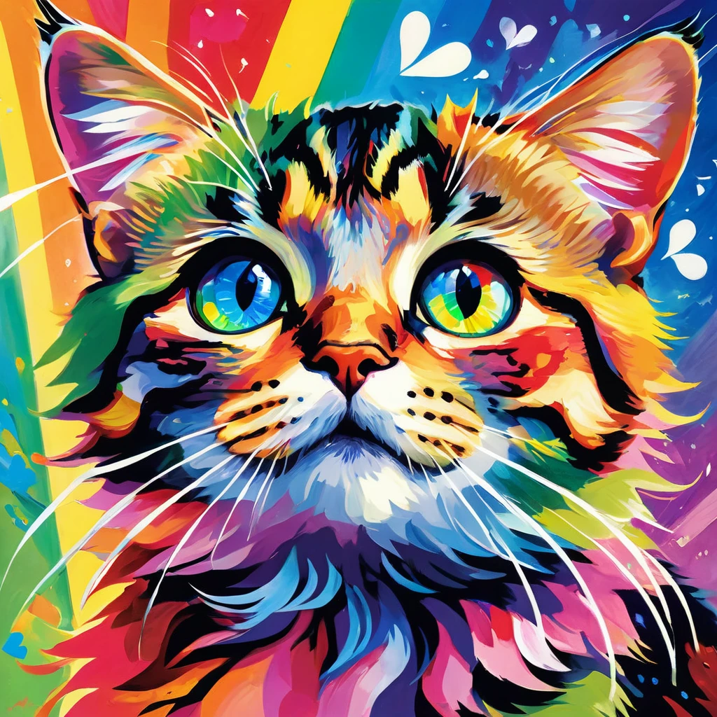 (((masterpiece))), ((Very detailed)), Cute abstract style, cigarette, In the sky, Colorful and vibrant, Mysterious colors, modern impressionism, Portrait of Yanjun Chen, Rainbow Perspective ,Low - Angle, Expanding Swirling Configuration, Big beautiful crystal eyes, Big Iris, 超High resolution, High resolution, 8k, The most beautiful portraits in the world, Little cat, Non-expressive, Color and shape, emotional expression, Imaginative