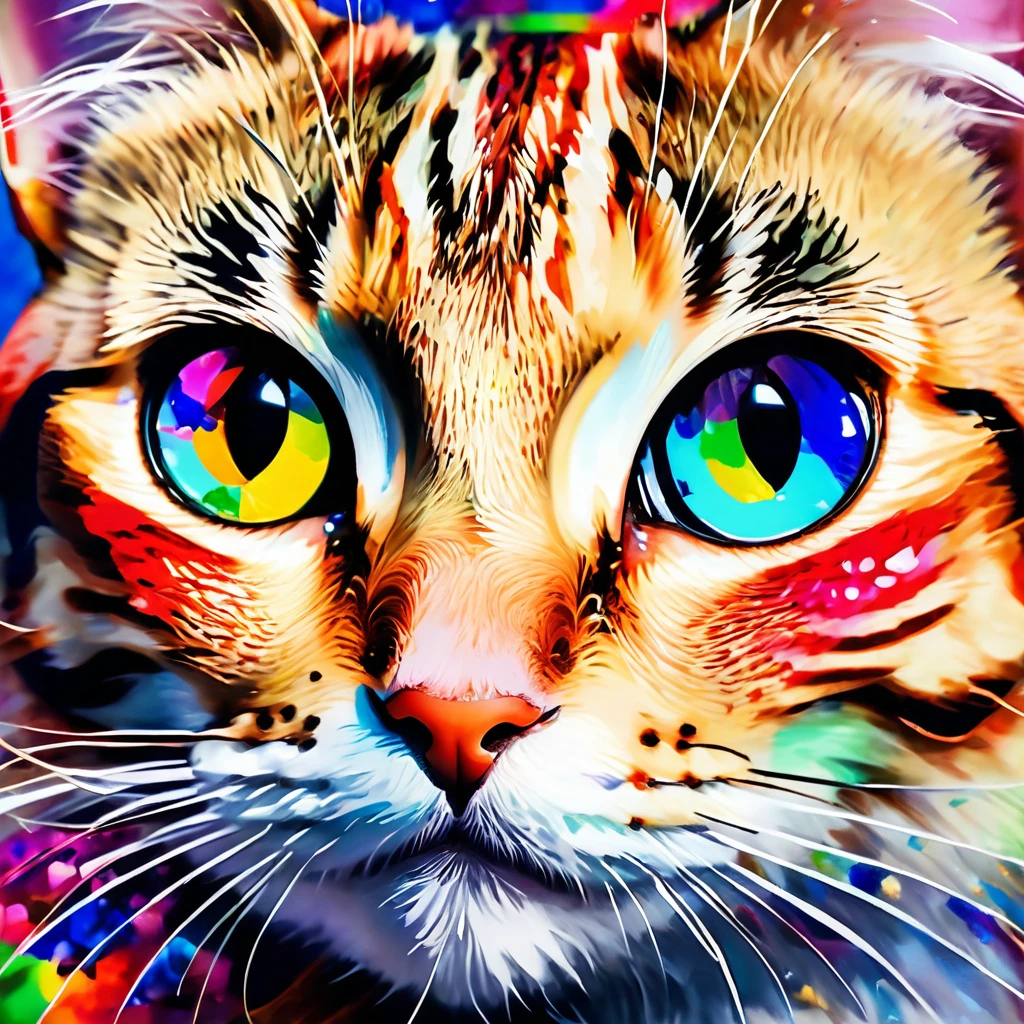 (((masterpiece))), ((Very detailed)), Cute abstract style, cigarette, In the sky, Colorful and vibrant, Mysterious colors, modern impressionism, Portrait of Yanjun Chen, Rainbow Perspective ,Low - Angle, Expanding Swirling Configuration, Big beautiful crystal eyes, Big Iris, 超High resolution, High resolution, 8k, The most beautiful portraits in the world, Little cat, Non-expressive, Color and shape, emotional expression, Imaginative