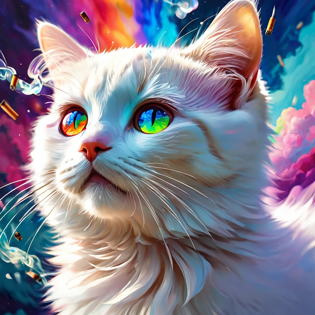 (((masterpiece))), ((Very detailed)), Cute abstract style, cigarette, In the sky, Colorful and vibrant, Mysterious colors, modern impressionism, Portrait of Yanjun Chen, Rainbow Perspective ,Low - Angle, Expanding Swirling Configuration, Big beautiful crystal eyes, Big Iris, 超High resolution, High resolution, 8k, The most beautiful portraits in the world, Little cat, Non-expressive, Color and shape, emotional expression, Imaginative