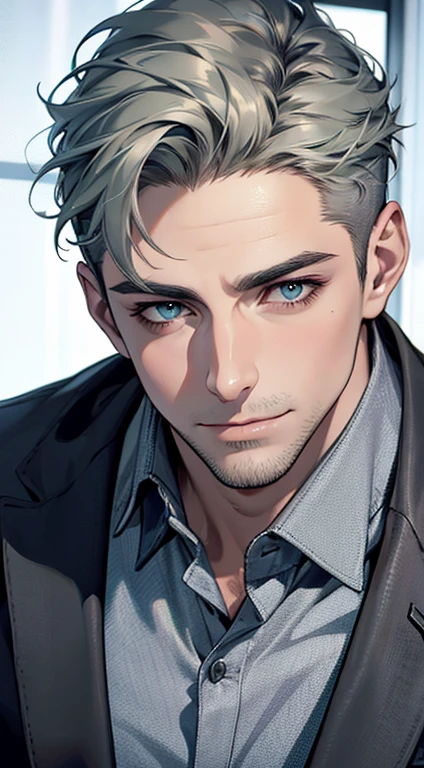 (best quality,4k,8k,highres,masterpiece:1.2),ultra-detailed,(realistic,photorealistic,photo-realistic:1.37),1 man,31 years old,mature man,very handsome,without expression,smile,short grey green hair,blue eyes,penetrating gaze,perfect face without errors,imposing posture,businessman,office background,cinematic lighting,hdr image