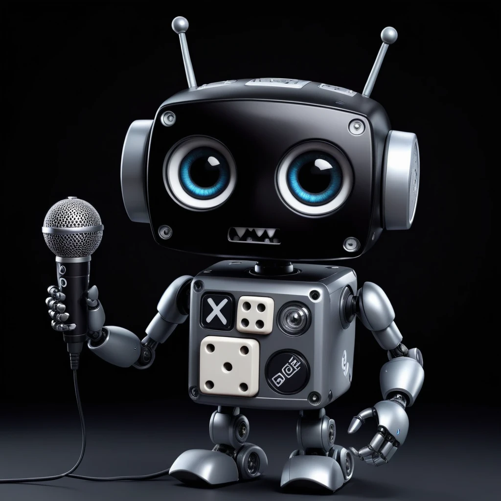 「Lost in the digital world」、A cartoon-style robot with a dice motif,Big eyes,antenna,Black electronic display panel on chest、Holding the microphone close to his mouth while speaking、whole body