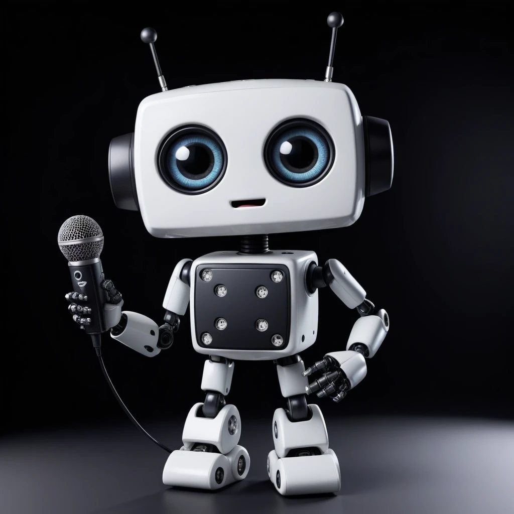 「Lost in the digital world」、A cartoon-style robot with a dice motif,Big eyes,antenna,Black electronic display panel on chest、Holding the microphone close to his mouth while speaking、whole body