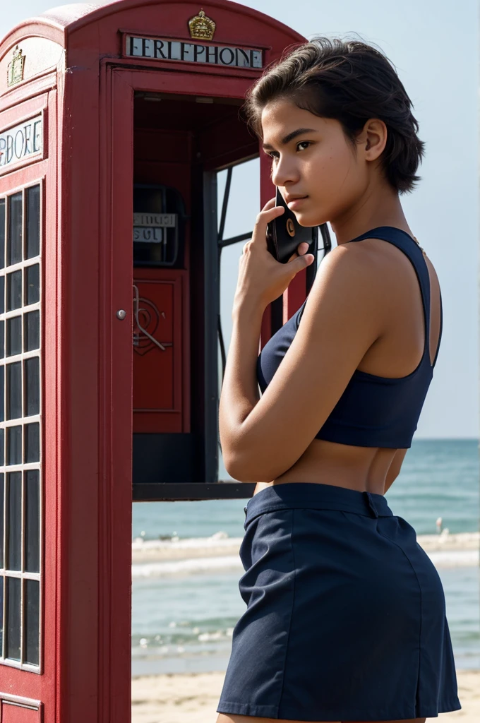 masterpiece: close-up: an 18-year-old man, shaved and wearing a navy blue miniskirt, is calling on the phone inside a red telephone booth.  background: a beach area.  maximum detail.  photographic quality.   backlit evening light.  maximum detail.  photographic quality.  lower shooting angle. , low-angle shot, extreme close-up, warm color grading, silhouette