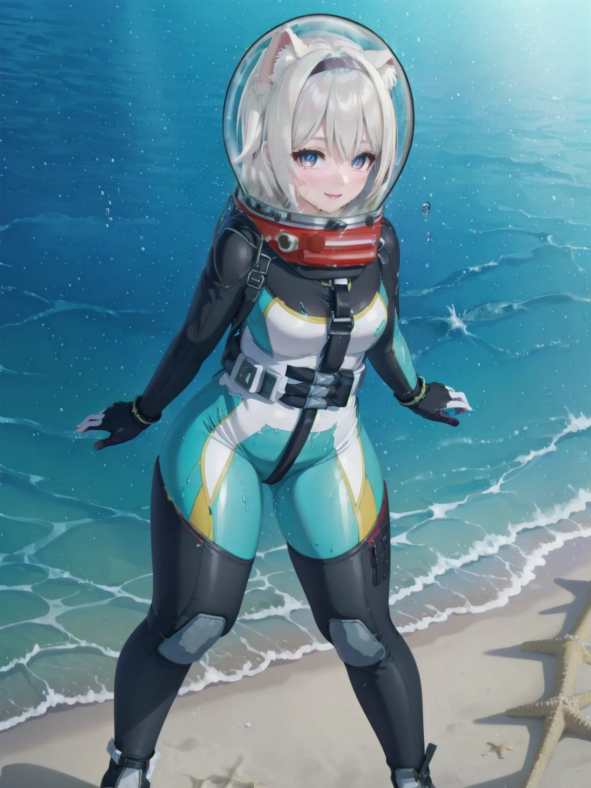 Highly detailed CG, 8k wallpaper, best quality, masterpiece, higher eyes and nose, very delicate and beautiful, beautiful, detailed,, (blue eyes: 1), (beautiful hands), (beautiful fingers) , , necklace (water:1.6), (beach:1.5), (messy hair:1.5), smile:1.3),  (sweating), (beautiful toes), (6 years old:1.5), (1girl), (ash white hair:1.5),(middle hair:1 ) (thigh circumference: 1.3) , beautiful, narrow waist, white thigh highs, narrow waist, thighs, wide hips, eyeliner, eyelashes, perfect face, detailed eyes,(spacesuit: 1.15) , white cargo pants, astronaut )bubble helmet, space helmet, space helmet, CAT EARS, bubble helmet, ,hair ornament,black hairband, blue eyes, long sleeves, green skirt,green thighhighs,, smile,