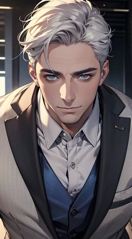 (best quality,4k,8k,highres,masterpiece:1.2),ultra-detailed,(realistic,photorealistic,photo-realistic:1.37),1 man,31 years old,mature man,very handsome,without expression,smile,short grey white hair,blue eyes,penetrating gaze,perfect face without errors,imposing posture,businessman,office background,cinematic lighting,hdr image