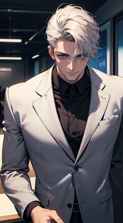 (best quality,4k,8k,highres,masterpiece:1.2),ultra-detailed,(realistic,photorealistic,photo-realistic:1.37),1 man,31 years old,mature man,very handsome,without expression,smile,short grey white hair,blue eyes,penetrating gaze,perfect face without errors,imposing posture,businessman,office background,cinematic lighting,hdr image