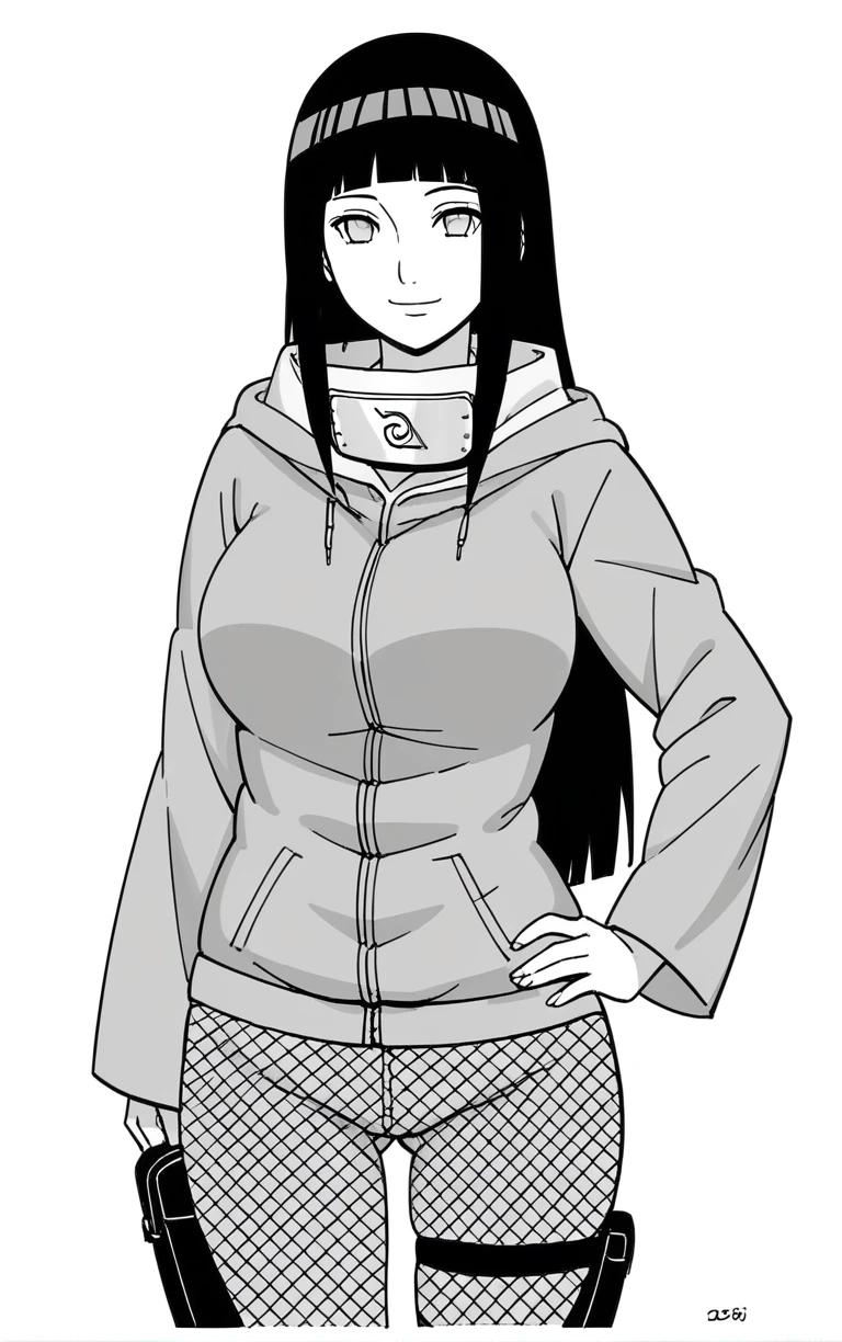 score_9,score_8_up,score_7_up, 
BlackAndWhite_NarutoManga_ownwaifu, (monochrome), 
1girl, hyuuga hinata, smile, forehead protector, konohagakure symbol, hood, pants, looking at viewer, large breasts, long hair, long sleeves, fishnets, blunt bangs, thigh pouch, 
 (contrapposto, hand on hip),
