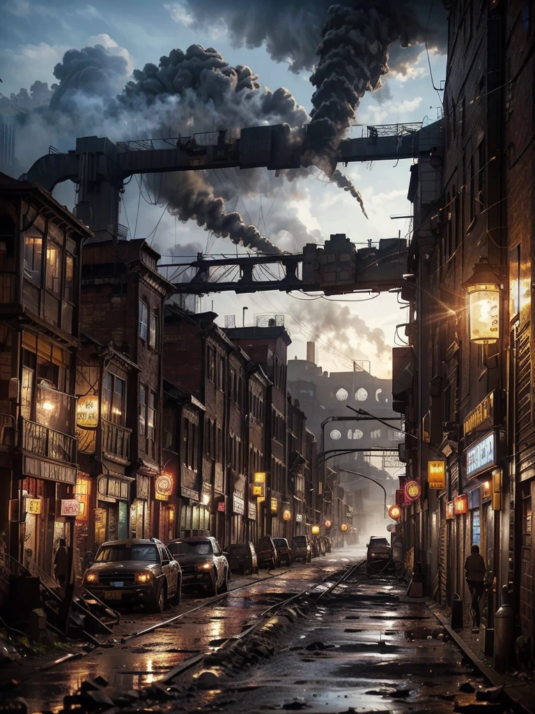 Coal mining industrial city, Surrounded by coal trucks, Coal miners，Steampunk, rusty and heavy, smokes, chimney, factory,, mechanical, High-rise，Coal piles, Torres, Steam powered,, Street Lights, (Real scene super details, Prosperity)