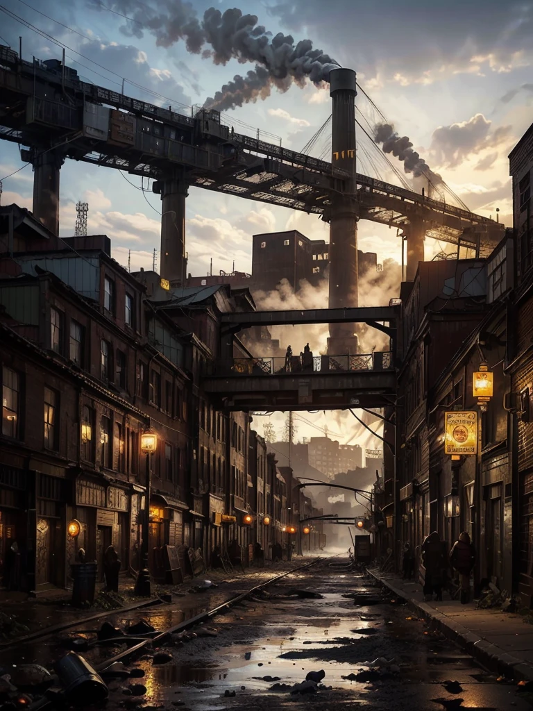 Coal mining industrial city, Surrounded by coal trucks, Coal miners，Steampunk, rusty and heavy, smokes, chimney, factory,, mechanical, High-rise，Coal piles, Torres, Steam powered,, Street Lights, (Real scene super details, Prosperity)