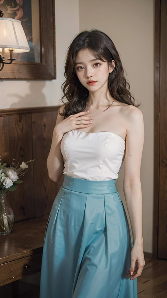 detailed background, masterpiece, best quality, 1 person , curly hair, long hair, purple eyes, star in eye , turquoise Strapless blouse, long  skirt, cute different poses, indoor wood furniture ,light wood color,, upper body 