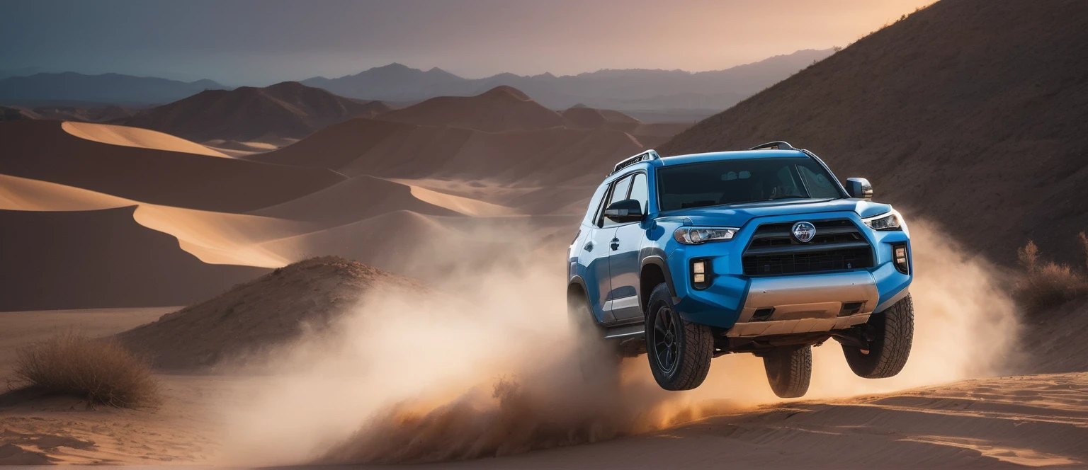 Off-road vehicle photos,A blue SUV is on the right side of the photo.,Car side,amazing,Drive on the highway,Showing speed and passion,Blue photo,detail强化,blur background/Bokeh,Bright with natural light,Ray Tracing,Sunset sky,desert,desert,sand,Highly detailed environments,Low depth of field,HD,detail,8k,lens flare,Sunlight,