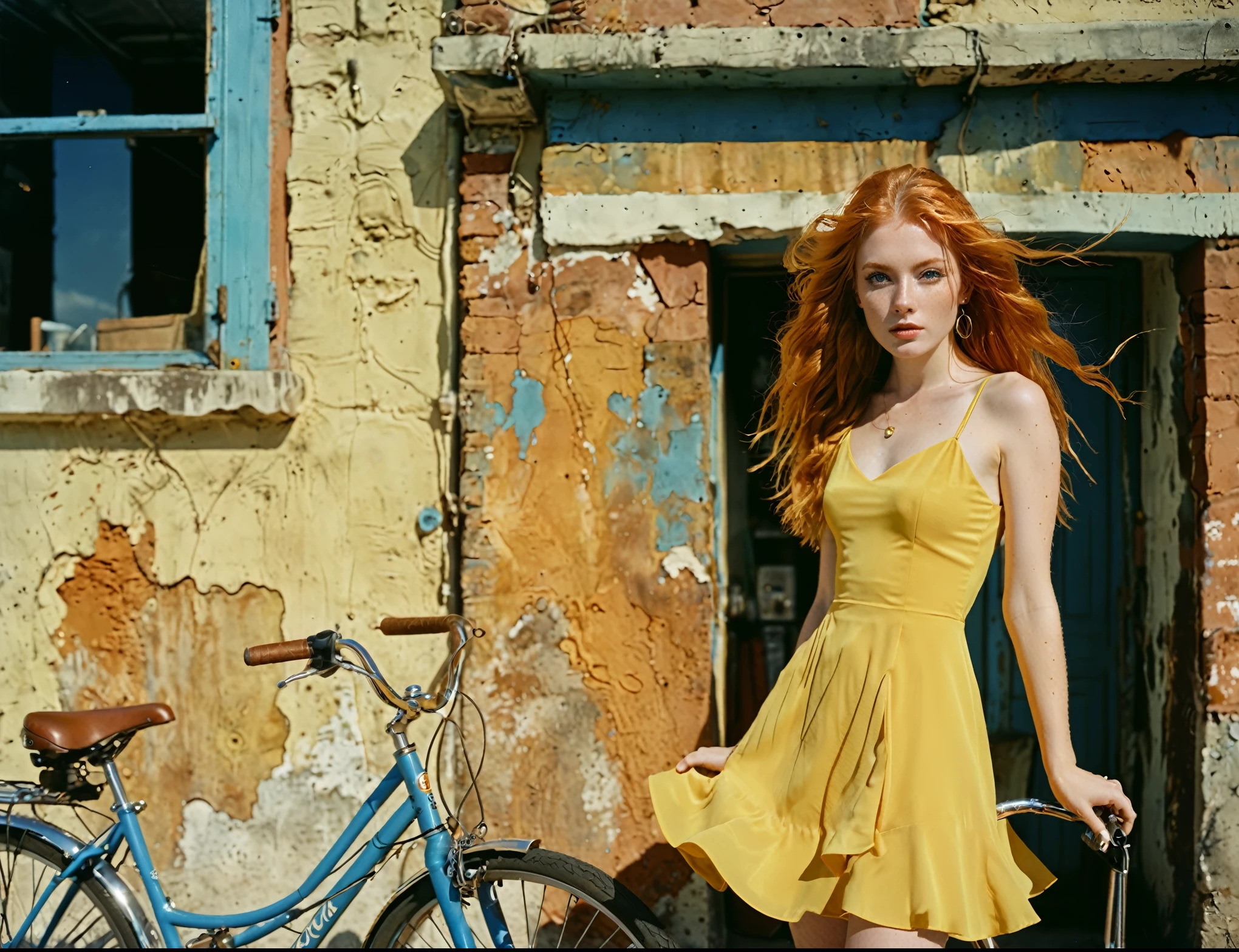 woman in yellow dress standing next to a bicycle in front of a building, photoshoot, photo studio, RAW photo, editorial photograph, film stock photograph, cinematic, posing, amateur photo, analog, raw, f2, 35mm, an (amateur photo), flash photography, taken on an old camera, polaroid, 8k, highly detailed, (high quality, best quality:1.3), Extremely high-resolution, film grain, very long hair, picture of a beautiful young woman, sfw, ((natural orange hair)), hair ornaments, ((macro lens)), natural, blue eyes, solid pupils, realistic eyes in maximum detail, feminine expressions, photography, dslr, 35mm, Fujifilm Superia Premium 400, Nikon D850 film stock photograph, Kodak Portra 400 f1.6 lens, 8k, UHD, realistic skin, well cared skin, skin pores, closed mouth, fine small lips, facial symmetry, perfectly detailed face, 