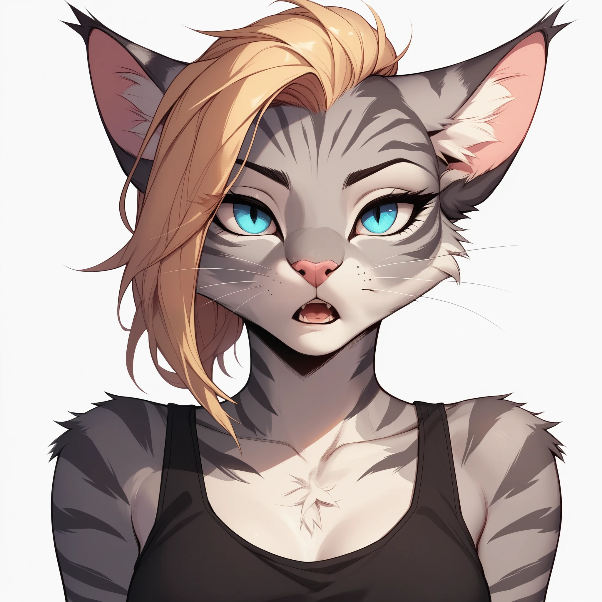 score_9,score_8_up,score_7_up, score_6_up, score_5_up, source_cartoon, flat colors, no shading, Kat, Anthro furry feline, silver fur, grey stripes on body, blue eyes, long blonde hair, undercut hair, pink nose, :3, wearing black tank top, exaggerated expression, upper body shot, mouth open, talking, eyes half open, jitome, expressionless, looking at viewer, cowboy shot, upper body shot, bored, simple white background,