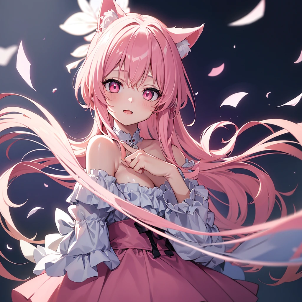 An anime girl with a pair of cat ears., the inside of the ears a soft white fluff, his eyes wide open and curious, she excited and happy to see me, pretty eyes, by white, pink eyes, good art, good drawing, Anime 2D, 2D, beautiful, 2 hands and 5 fingers on each hand, beautiful hands, good drawn hands, 4k, 8k,