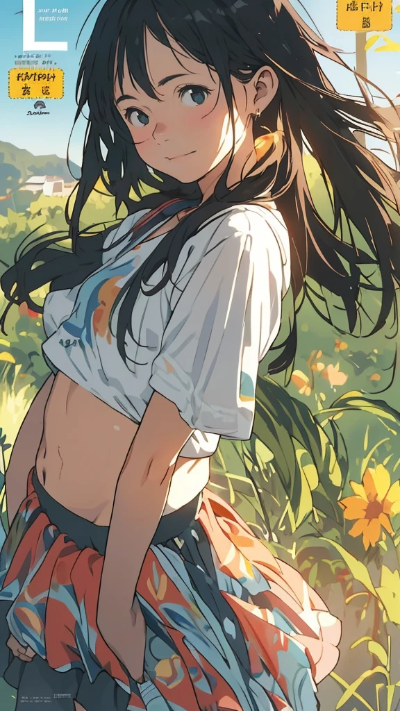 reasonable design, Clear lines, High Sharpness, (highest quality,8K,Perfect sharpness,Ultra fine,High resolution,masterpiece:1.2), Perfect ???????:1.5, Official Art, Illustrations that tell a story, (Whitish background:0. 9）、Body Positivity、More Mr.Physical expression、（Random and mischievous poses）、Perfect beauty、Perfect beautiful face、Strong winds、A rich expression、Dynamic composition、smile、Golden ratio composition、colorful、（Mr.Different angles and perspectives）、anime art、mini skirt、（Overcoming stereotypes）、 Glowing Skin、（Natural beauty）、smile、bangs、Straight Hair、（Soft and flowing hair）、（Rural Scenery）、（Nostalgic atmosphere）、Insert up to the thighs、（Playful and carefree）、（More Mr.Ethnic characters）、（innocent attitude）、（Sunny atmosphere）、Skirt flipped up、（Bright colors）、Belly button exposed、Beautiful Eyes、A skirt fluttering in the wind、Put it in to your feet、Some composition patterns、sensuous、Geometric pattern、emotional、Symposium cover、