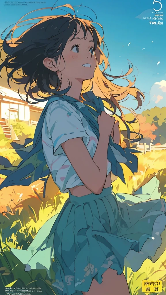 reasonable design, Clear lines, High Sharpness, (highest quality,8K,Perfect sharpness,Ultra fine,High resolution,masterpiece:1.2), Perfect Anatomy:1.5, Official Art, Illustrations that tell a story, (Whitish background:0. 9)、Body Positivity、More Mr.Physical expression、(Random and mischievous poses)、Perfect beauty、Perfect beautiful face、Strong winds、A rich expression、Dynamic composition、smile、Golden ratio composition、colorful、(Mr.Different angles and perspectives)、anime art、mini skirt、(Overcoming stereotypes)、 Glowing Skin、(Natural beauty)、smile、bangs、Straight Hair、(Soft and flowing hair)、(Rural Scenery)、(Nostalgic atmosphere)、Insert up to the thighs、(Playful and carefree)、(More Mr.Ethnic characters)、(innocent attitude)、(Sunny atmosphere)、Skirt flipped up、(Bright colors)、Belly button exposed、Beautiful Eyes、A skirt fluttering in the wind、Put it in to your feet、Some composition patterns、sensuous、Geometric pattern、emotional、Symposium cover、
