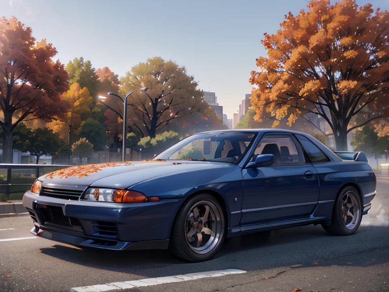 SKYLINER32, Sports car parked on a street covered with autumn leaves (city:1.3), autumn, Global Illumination, Volumetric lighting, Highest quality, Very detailed, CG, figure, Octane Rendering,  