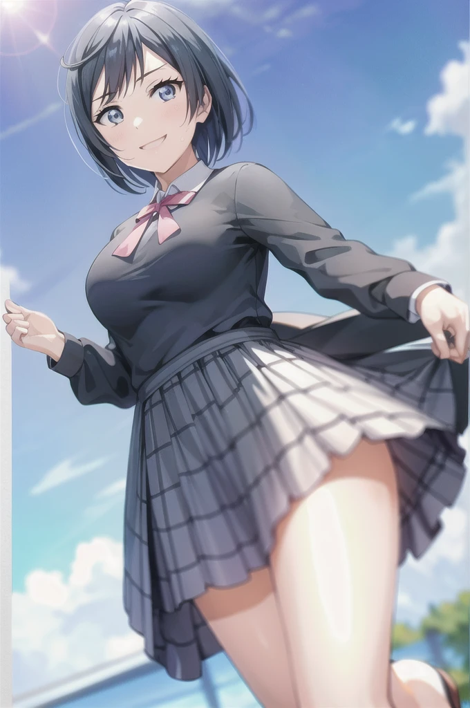 (Highest quality, masterpiece:1.2), One Girl, alone, anime, anime screencap, Ray Tracing, Global Illumination, ultra hi resolution picture, Bright colors, Cinematic Light, Lens flare, Light on the face, Glowing Eyes, Written boundary depth, Happy, Detailed Background, cute, straight, smile, View your audience, Outdoor, null, cloud,
Yuki Setuna, Wear this dress,short hair,Sweaty hands,Sweaty feet,Sweaty fingers,Sweaty body,Drooping sweat,Sweat-drenched,Face sweaty,Sweaty, shiny skin,Sweaty hair,hot