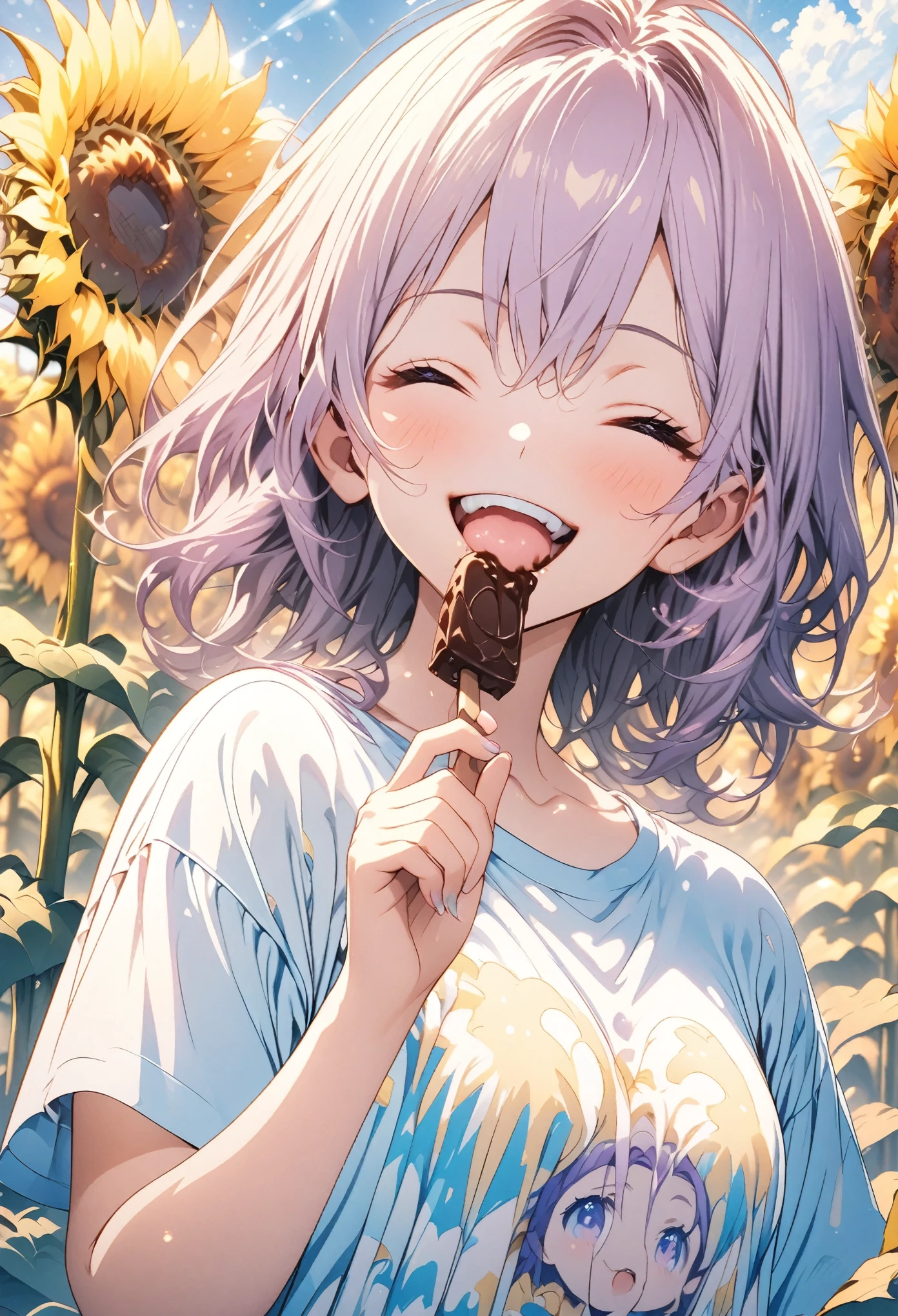 masterpiece, Highest quality, Highly detailed CG Unity 8K wallpapers, High School Girl Anime Illustration. Wearing an oversized T-shirt、She is eating a chocolate and vanilla popsicle.、purple hair、she has her eyes closed and mouth open, smile. The background is a landscape of a sunflower field in light pastel colors.