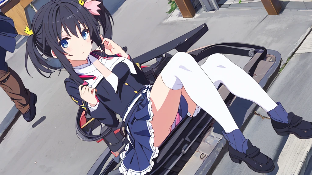 beautiful beautiful girl black uniform with miniskirt white stockings with black hair blue blue eyes on the japanese street akihabara swastika pink panties high quality details