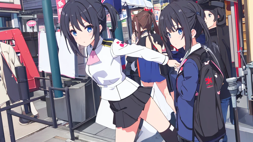 beautiful beautiful girl black uniform with miniskirt white stockings with black hair blue blue eyes on the japanese street akihabara swastika pink panties high quality details