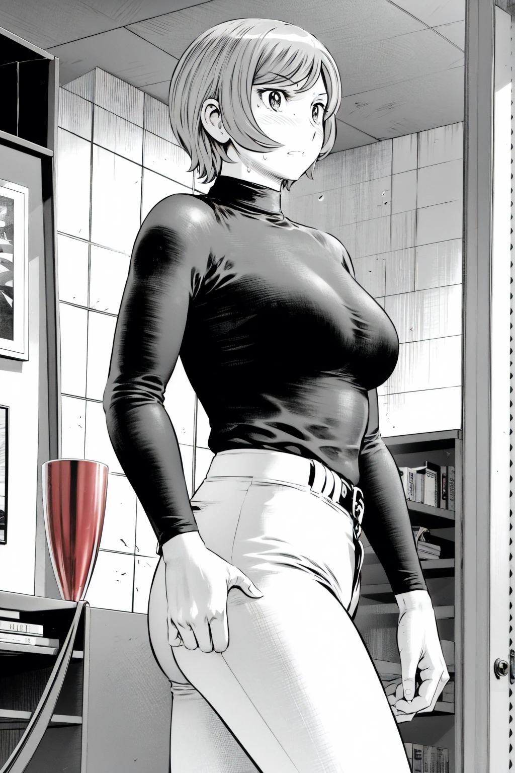 、(masterpiece、Highest quality)、Highest quality, Ultra-high resolution, (((masterpiece))), alone, Sweat、Big eyes,Tight black shirt、Tight white pants、belt、indoor、Composition from the front、（Cut the back hair short、short hair、blonde、woman）、Shortcuts、Embarrassed face、Cut your hair short、可愛いwomanの子、Big Breasts、office