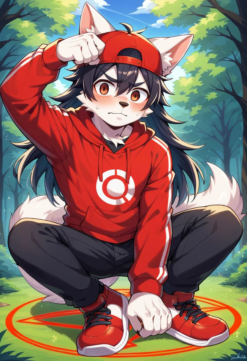 masterpiece, best quality, expressive eyes, perfect face, a man get transformed into a furry akita dog, furry akita, white fur, akita tail, dog ears, solo, surpriced, blushed, black hair, long hair, red baseball cap, black shirt, red hoodie, black sports pants, red sport shoes, brown eyes, full body, in a magic forest, glitter, embarrassed pose, magic circle on the floor. budge