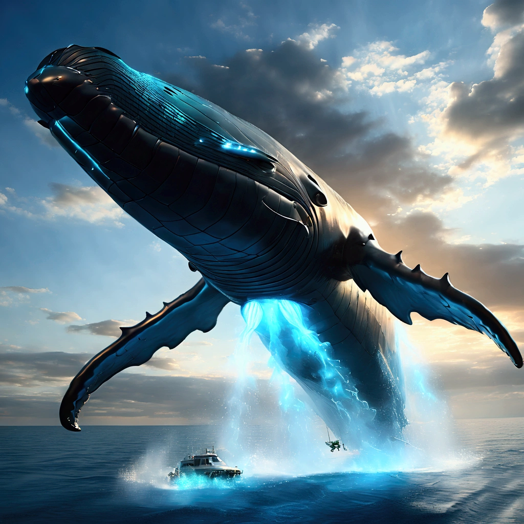 Whale, mechanical large winged whale Flying with jet engine, (glowing Whale:1.8), from below, blue sky, cinematic angle, realistic, hyper-realistic, photorealistic, (best quality,4k,8k,highres,masterpiece:1.2),ultra-detailed,(realistic,photorealistic,photo-realistic:1.37),vivid colors,dramatic lighting,