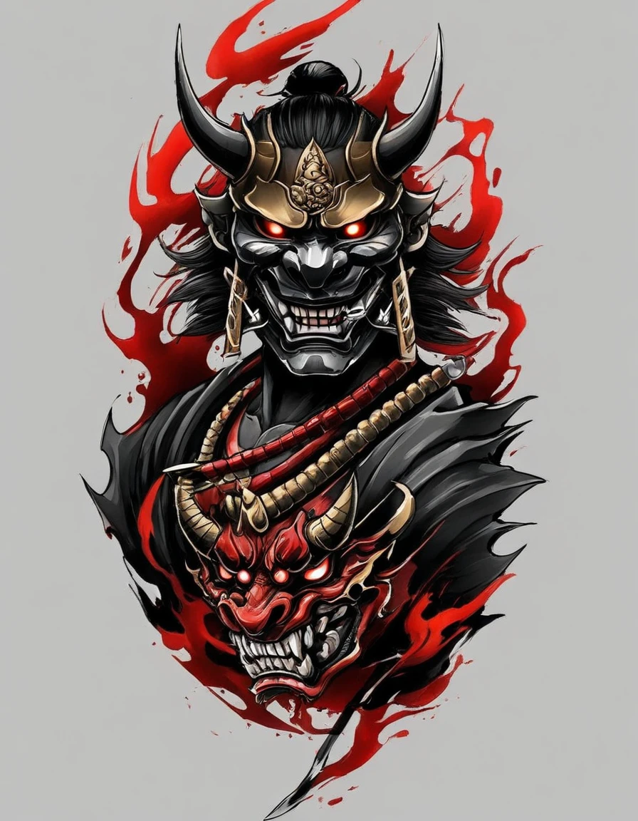 Hannya mask style of 0mib, illustrator, masterpiece, high quality, 8k, high resolution, high detailed, Japanese, samurai