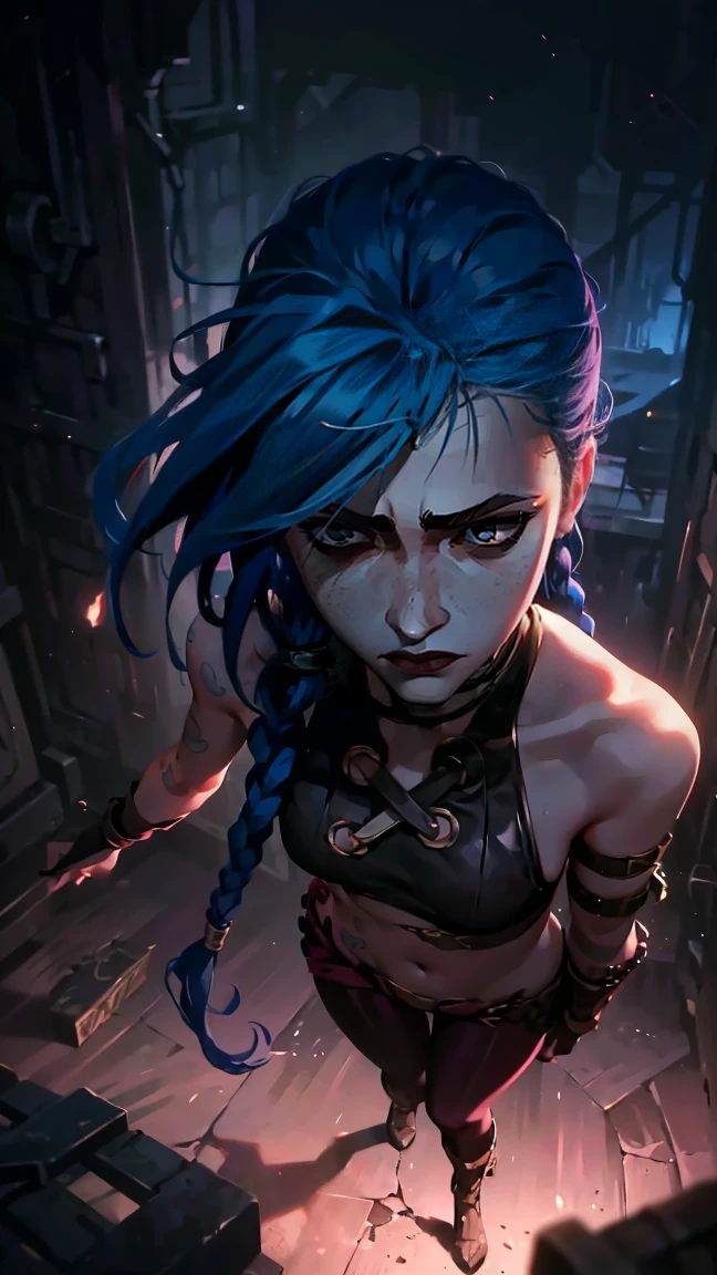 (masterpiece, Best quality), 1 girl, portrait, very sexy, crazy look, smile, crying, pink tears, tears on the cheeks, tears from eyes, full length (full body 1.1.), очень feminine, fighting stance, battle, fire, explosions, burning city, beautiful waist, gloomy composition, flame, fire, Flash, very beautiful, feminine, long hair, hair braided in long braids, very sexy, tight leather pants, emphasis on the eyes, emphasis on the face, Beautiful face, hands, hair, haired ponytail, red purple eyes, Джинкс crying, Blue cloud tattoo, (masterpiece, Best quality), Side lighting, beautiful detailed eyes, crazy face), (Best quality), (masterpiece), magic photography, Spectacular lighting, photorealism, ultra detailed, интимная portraitная композиция, 1. 4,8 K UHD, aesthetic, Cd., a high resolution, 8 K, Better lighting, Best shade, Ultra-HD, a high resolution, Sharp Focus, complex background, cinematic lighting, ((Landscape view)), 4K block, (Better lighting), ((cinematic lighting)),