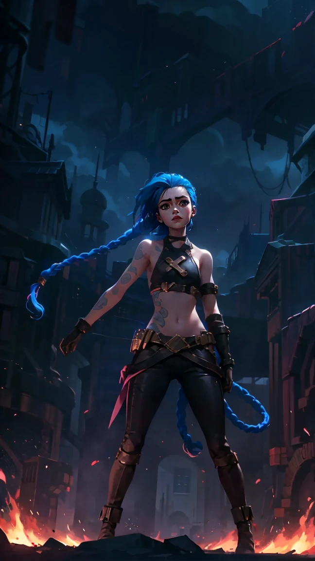 (masterpiece, Best quality), 1 girl, portrait, very sexy, crazy look, smile, crying, pink tears, tears on the cheeks, tears from eyes, full length (full body 1.1.), очень feminine, fighting stance, battle, fire, explosions, burning city, beautiful waist, gloomy composition, flame, fire, Flash, very beautiful, feminine, long hair, hair braided in long braids, very sexy, tight leather pants, emphasis on the eyes, emphasis on the face, Beautiful face, hands, hair, haired ponytail, red purple eyes, Джинкс crying, Blue cloud tattoo, (masterpiece, Best quality), Side lighting, beautiful detailed eyes, crazy face), (Best quality), (masterpiece), magic photography, Spectacular lighting, photorealism, ultra detailed, интимная portraitная композиция, 1. 4,8 K UHD, aesthetic, Cd., a high resolution, 8 K, Better lighting, Best shade, Ultra-HD, a high resolution, Sharp Focus, complex background, cinematic lighting, ((Landscape view)), 4K block, (Better lighting), ((cinematic lighting)),