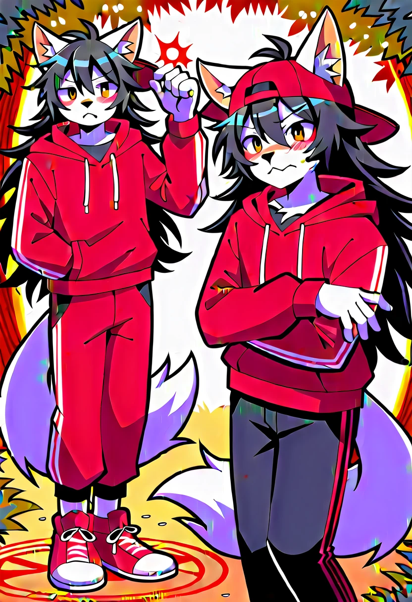masterpiece, best quality, expressive eyes, perfect face, a man get transformed into a furry akita dog, furry akita, white fur, akita tail, dog ears, solo, surpriced, blushed, black hair, long hair, red baseball cap, black shirt, red hoodie, black sports pants, red sport shoes, brown eyes, full body, in a magic forest, glitter, embarrassed pose, magic circle on the floor. multiple views