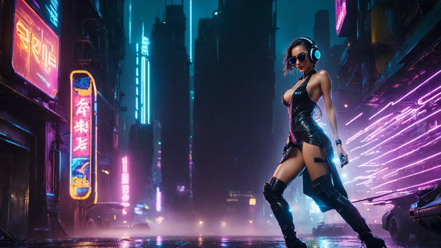 (aerial view, a flying cars docking platform, a very dark abandoned futuristic city, neon lights), rainy night. (((1girl, solo, alone))), large-breast:1.2 slim body, cleavage:1.1, sexy wind blowing wet dress:1.4, (((headphone, black sunglasses, standing and holding pistol:1.8, dynamic rushing pose))), (((((half-body thigh level medium shot))))), cinematic lighting, lens flare, ray tracing.