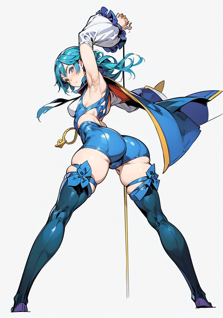 In Yusuke Murata style, Hold the pose, but draw with flat colors, cel shading, limited color palette and simplified lighting. sexy girl on the coast, with a big ass leaning against a bar.
