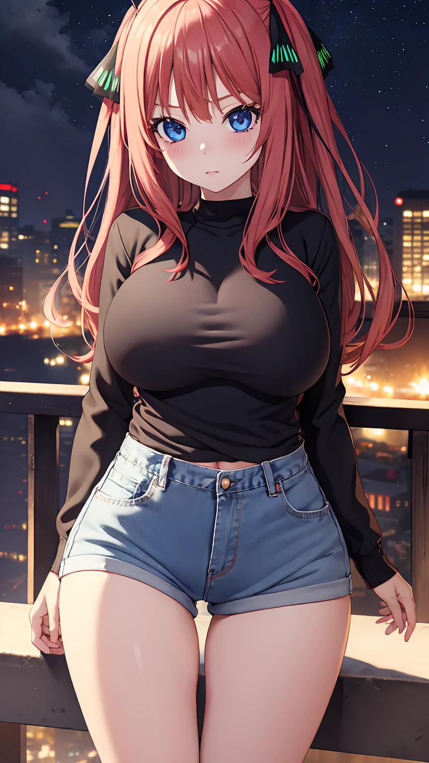 [nakano nino, pink hair, butterfly hair ornament, black cardigan], 1girl, anime girl, anime, girl, 2d girl, y, (fullbody), blue eyes, blush, cleavage, Solo, Slim, Big breasts, large Breasts, sfw, cowboy shot, Tight Shorts, low waist shorts, upshorts, outdoors, night background, looking at viewer, darker shadows, (((shorts))), (((thigh gap))), (((lowleg shorts))),