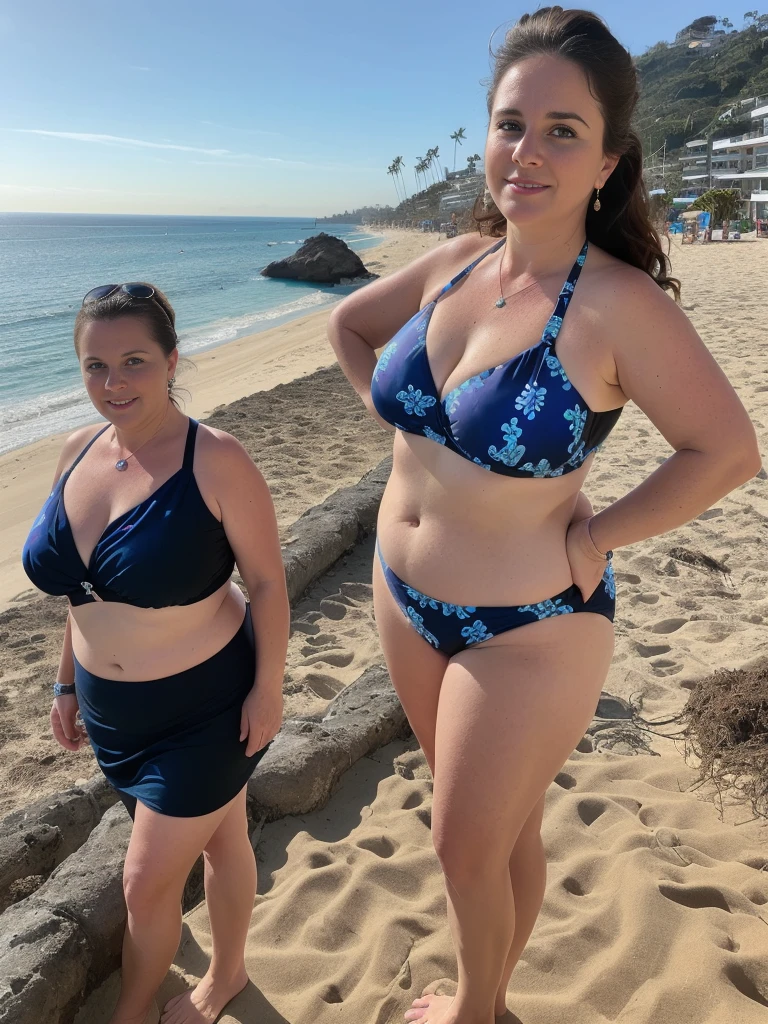 her name is Annette, high quality, ((mature)), ((white pale skin)), 1girl, ((40-year-old chubby Swiss woman)), ((40 years old)), ((chubby)), ((brunette)), pose: standing, wearing stylish blue (((wearing BLACK-colored printed elegant bikini))), ((BACKGROUND: overlooking beach in Naica, Mexico)), random pose, messy bun hair