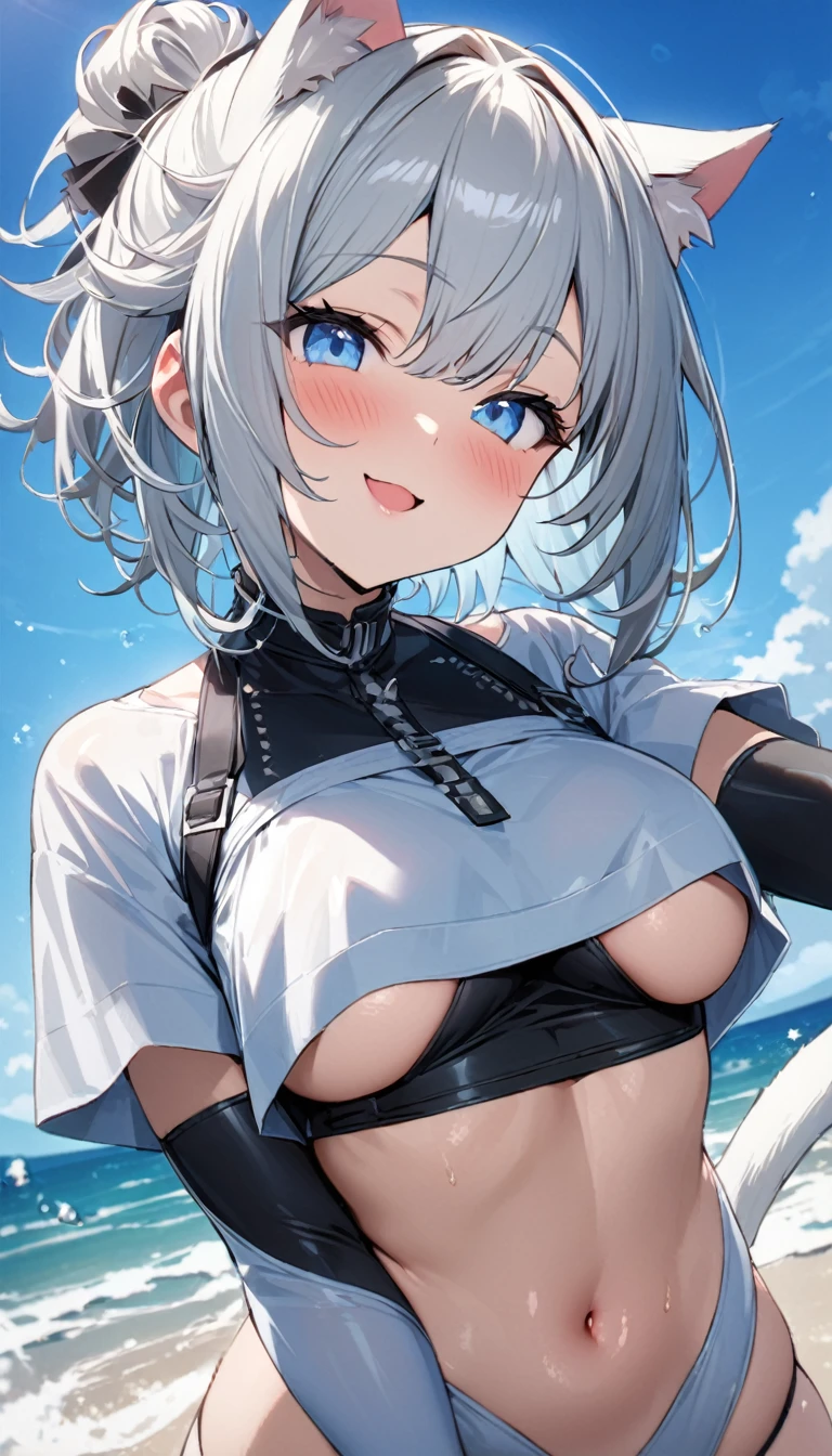 1girl、chibi、(((best quality)), ((masterpiece)), (details), masterpiece, best quality, high quality, ulutra detailed, perfect face, ((1girl, Blue eyes, cat ears: 1.3 silver bob hair: 2.5,)) 、Shiny Hair、Glowing Skin、blush、Lustful look、whole body、 hot limit, underboob, smile,Oceanの上に星型のステージ、Take to the stage、Ocean、blue sky、Sunny、