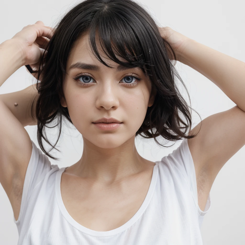 Anime,(Face),(Beautiful detailed eyes), Black hair,Sliver eyes, Masterpiece,Looking at the viewer, better_Quality,White background,Masterpiece,White shirt, Arms behind the back,  
