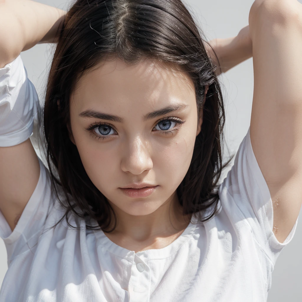 Anime,(Face),(Beautiful detailed eyes), Black hair,Sliver eyes, Masterpiece,Looking at the viewer, better_Quality,White background,Masterpiece,White shirt, Arms behind the back,