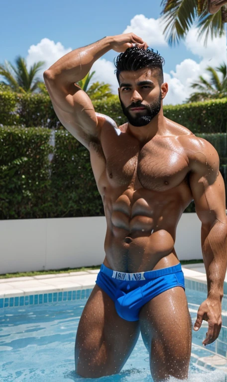 Hot masculine strong abs bodybuilder Latino 24 years old beared man wearing a jockstrap, hairy body, full body shot, sunlight, looking in camera in attitude look, bathing in swimming pool, water on body, wetty hair, water dripping from hair,