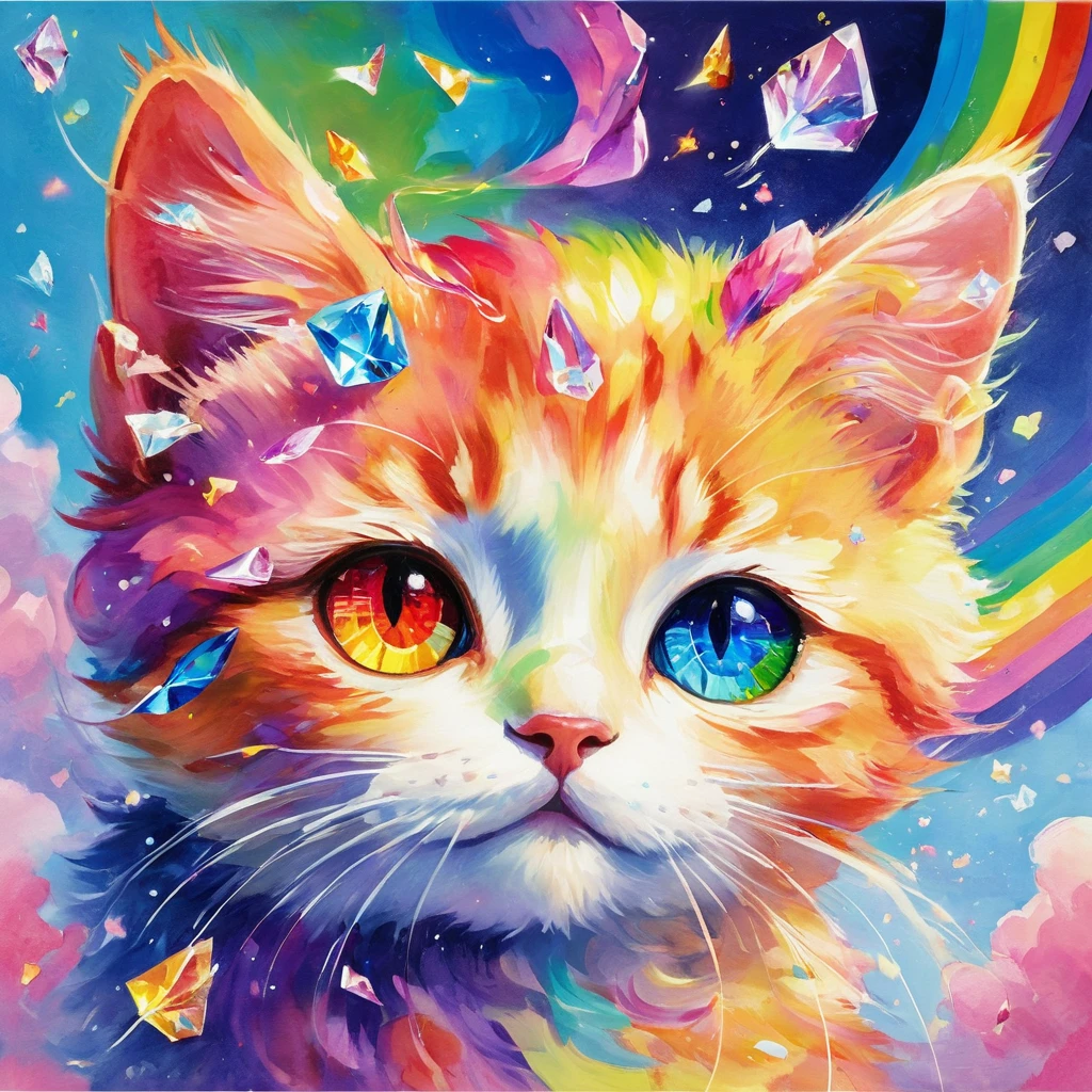 (((masterpiece))), ((Very detailed)), Cute abstract style, cigarette, In the sky, Colorful and vibrant, Mysterious colors, modern impressionism, Portrait of Yanjun Chen, Rainbow Perspective , Expanding Swirling Configuration, Big beautiful crystal eyes, Big Iris, 超High resolution, High resolution, 8k, The most beautiful portraits in the world, Little cat, Non-expressive, Color and shape, emotional expression, Imaginative