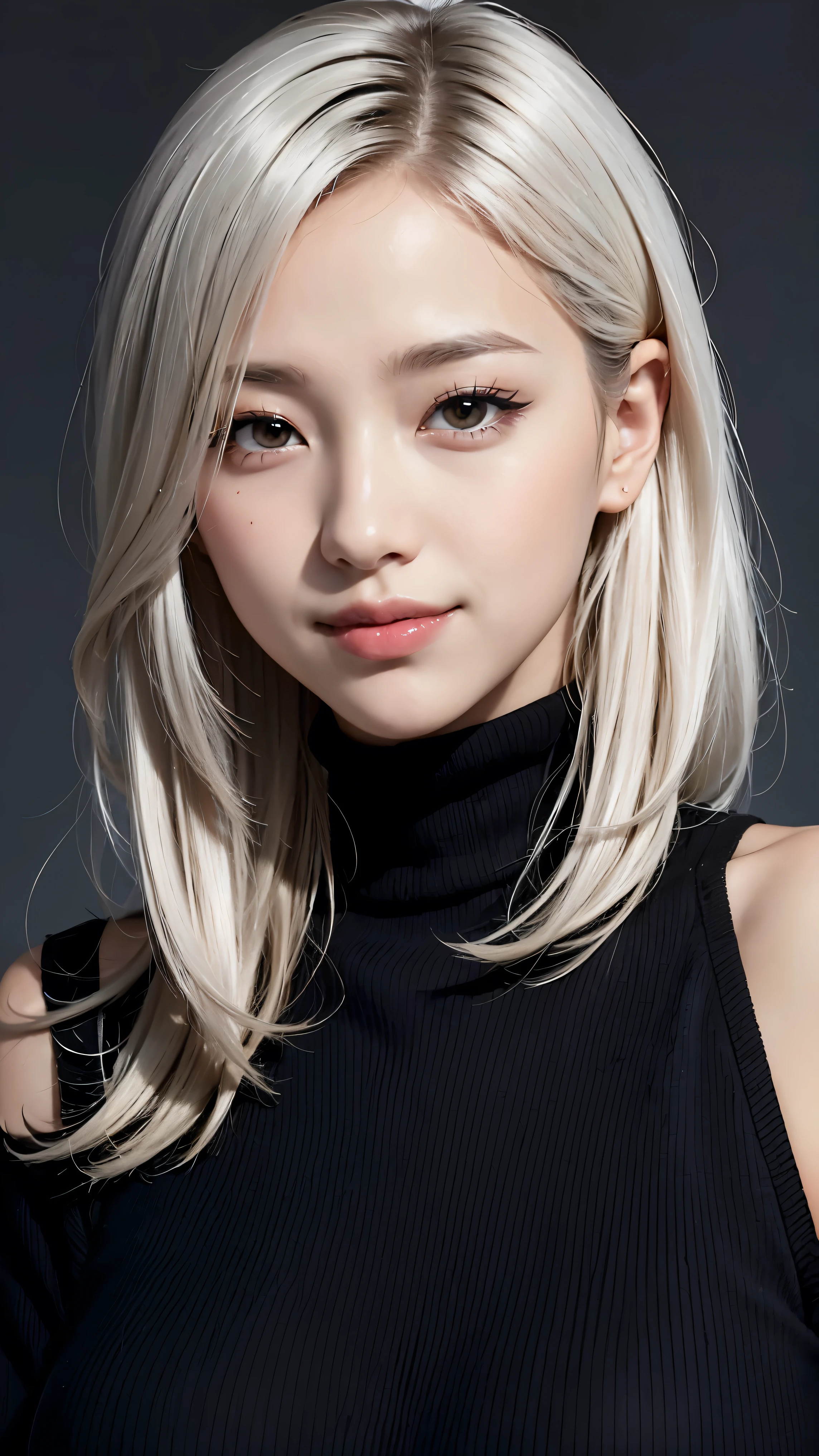 realisitic, work of art, highest quallity, higher resolution, A portrait depicting only the upper body of a Japanese woman, A happy smile, slightly turned to the side, definitely looking at the public, beautiful detailed eyes, eyes black, (hidden creased eyelids:1.2), tthin eyebrows, Draw the eyelashes carefully, Make-up natural, medium hair, silver hair, face detailed, Thick short sweater with high throat