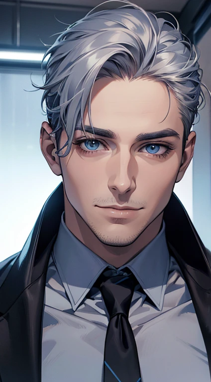 (best quality,4k,8k,highres,masterpiece:1.2),ultra-detailed,(realistic,photorealistic,photo-realistic:1.37),1 man,31 years old,mature man,very handsome,without expression,smile,short gray blue hair,blue eyes,penetrating gaze,perfect face without errors,imposing posture,businessman,office background,cinematic lighting,hdr image