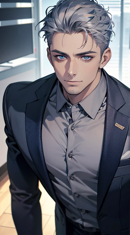 (best quality,4k,8k,highres,masterpiece:1.2),ultra-detailed,(realistic,photorealistic,photo-realistic:1.37),1 man,31 years old,mature man,very handsome,without expression,smile,short gray blue hair,blue eyes,penetrating gaze,perfect face without errors,imposing posture,businessman,office background,cinematic lighting,hdr image