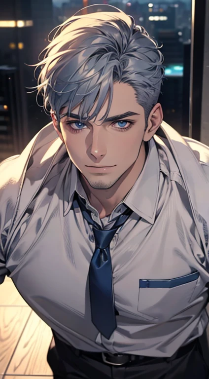 (best quality,4k,8k,highres,masterpiece:1.2),ultra-detailed,(realistic,photorealistic,photo-realistic:1.37),1 man,31 years old,mature man,very handsome,without expression,smile,short gray blue hair,blue eyes,penetrating gaze,perfect face without errors,imposing posture,businessman,office background,cinematic lighting,hdr image